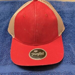 Outdoor Cap, Ladies Fit Ponytail back, red w/dark tan mesh back. Adjustable. NWT